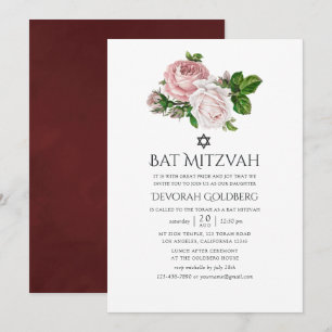 Invitation Bat mitzvah floral vintage Blush et Bourgogne