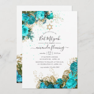 Invitation Bat mitzvah floral Vintage Turquoise et or