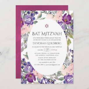 Invitation Bat mitzvah floral violet et prune