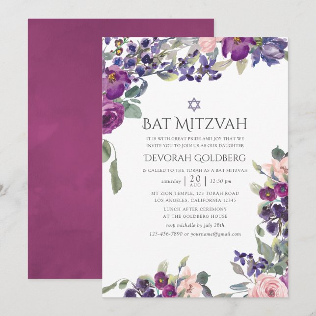 Invitation Bat mitzvah floral violet et prune (Devant / Derrière)