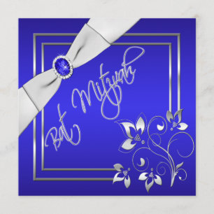 Invitation Bat mitzvah florale bleue et argentée