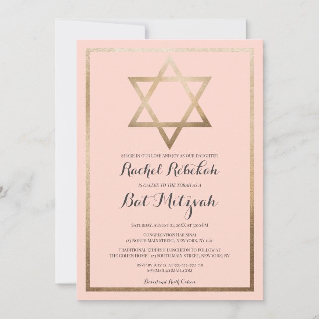 Invitation Bat mitzvah frontière moderne simple rose or étoil (Devant)