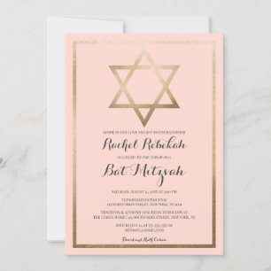 Invitation Bat mitzvah frontière moderne simple rose or étoil