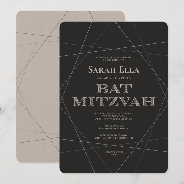 Invitation Bat mitzvah Geo Modern Argent (Devant / Derrière)