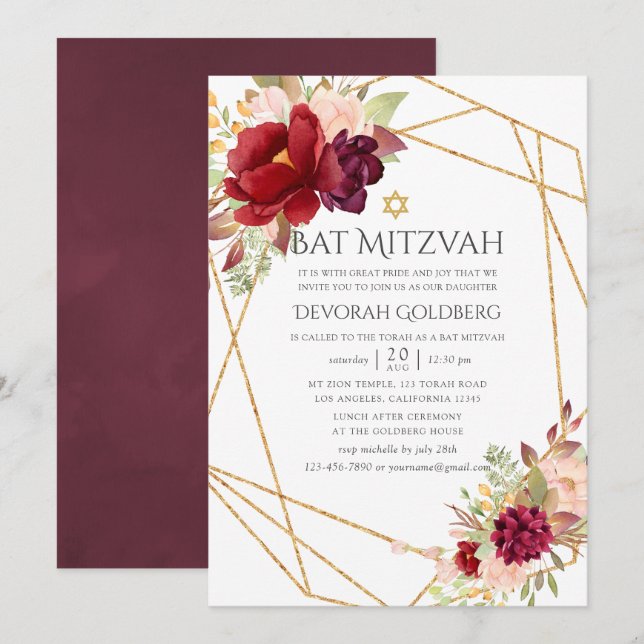 Invitation Bat mitzvah géométrique Bourgogne-Marsala et Blush (Devant / Derrière)