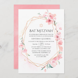 Invitation Bat mitzvah géométrique en fleurs de cerisier rose