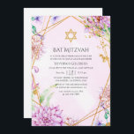 Invitation Bat mitzvah géométrique Floral violet et or<br><div class="desc">Invitation bat mitzvah géométrique violet et or.</div>