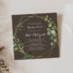 Invitation Bat mitzvah Géométrique Gold Brown Green Calligrap<br><div class="desc">Cette invitation bat mitzvah de calligraphie vert brun doré géométrique est parfaite pour un bat mitzvah simple. Le design présente de beaux feuilles verts peints à la main dans un arrière - plan marron,  ornant un cadre géométrique doré.</div>