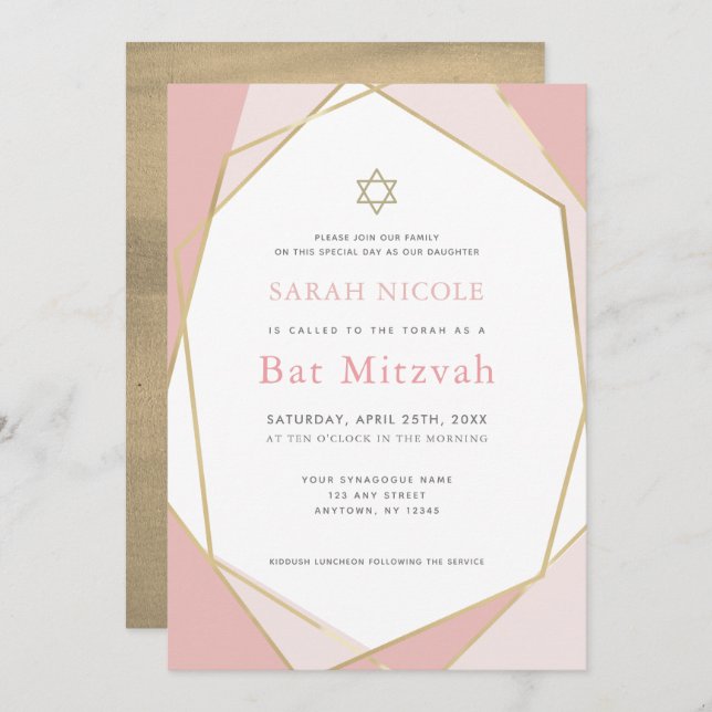 Invitation Bat mitzvah géométrique rose et or (Devant / Derrière)