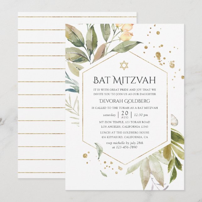 Invitation Bat mitzvah géométrique Serenity Greenery (Devant / Derrière)