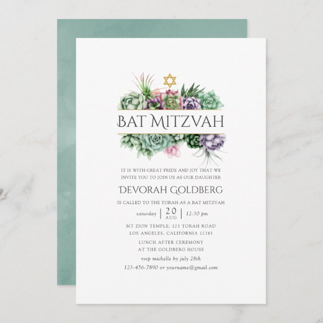 Invitation Bat mitzvah géométrique Succulent aquarelle (Devant / Derrière)