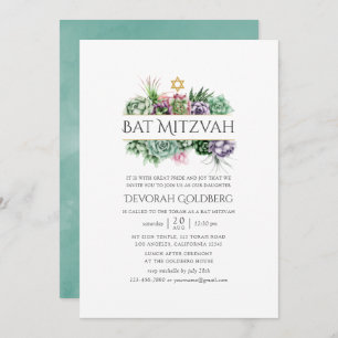 Invitation Bat mitzvah géométrique Succulent aquarelle