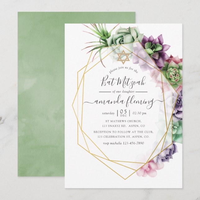 Invitation Bat mitzvah géométrique Succulent aquarelle (Devant / Derrière)