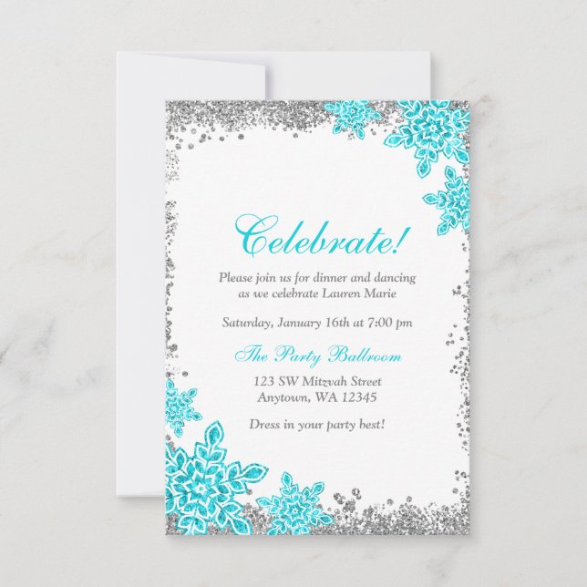 Invitation Bat mitzvah Glam Winter Wonderland Réception Turqu (Devant)