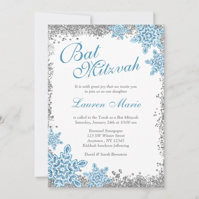 Invitation Bat mitzvah Glam Winter Wonderland Silver Blue (Devant)