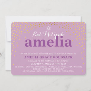 Invitation BAT MITZVAH GLAMOREUX confetti d'or rustique viole