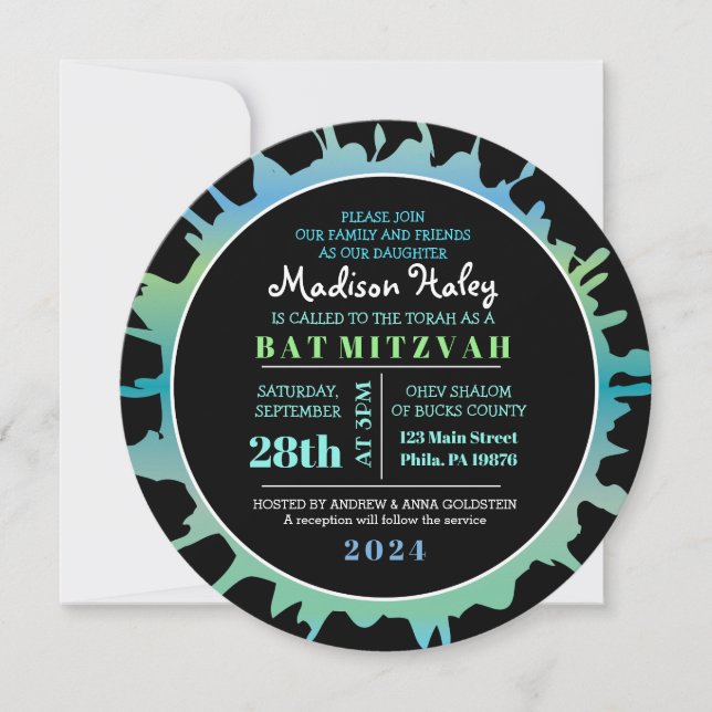Invitation Bat mitzvah GLOW Aqua Splash Bar (Devant)