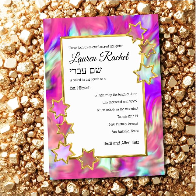 Invitation Bat mitzvah Gold Star Abstrait Tie Dye Pink (Créateur téléchargé)