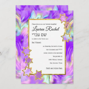 Invitation Bat mitzvah Gold Star Abstrait Tie Dye Purple