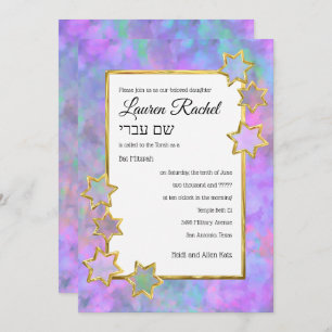 Invitation Bat mitzvah Gold Star Abstrait violet bleu rose