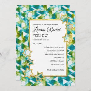 Invitation Bat mitzvah Gold Star Vert Aquarelle bleu Damas