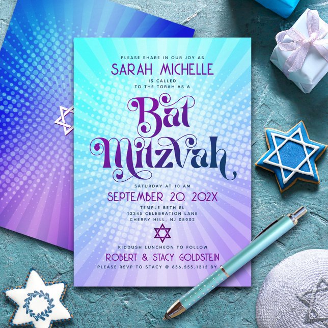 Invitation Bat mitzvah Gras Rétro Boho bleu violet dégradé (Créateur téléchargé)