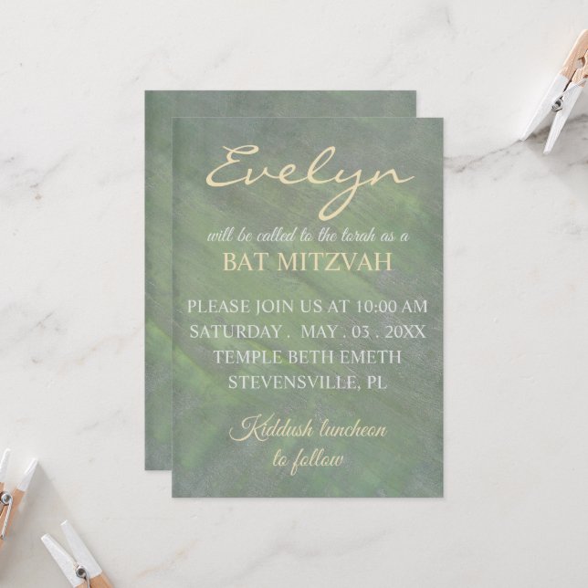 Invitation Bat mitzvah Greens Silvers (Devant/Arrière en situation)