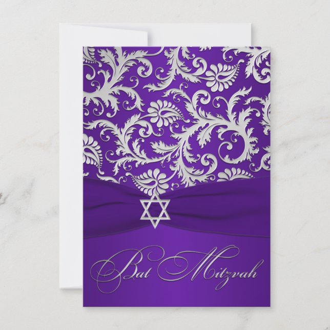 Invitation BAT MITZVAH IMPRIMÉ RIBBON violet, argent damassé  (Devant)