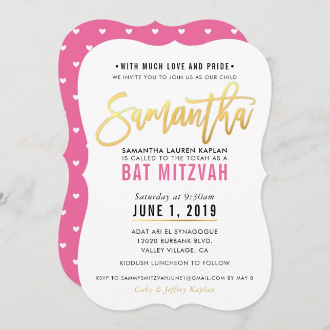 Invitation BAT MITZVAH joli script or rose SAMANTHA (Devant / Derrière)