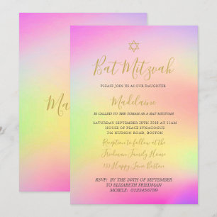Invitation Bat mitzvah juif Rainbow Gold Girls hébreu