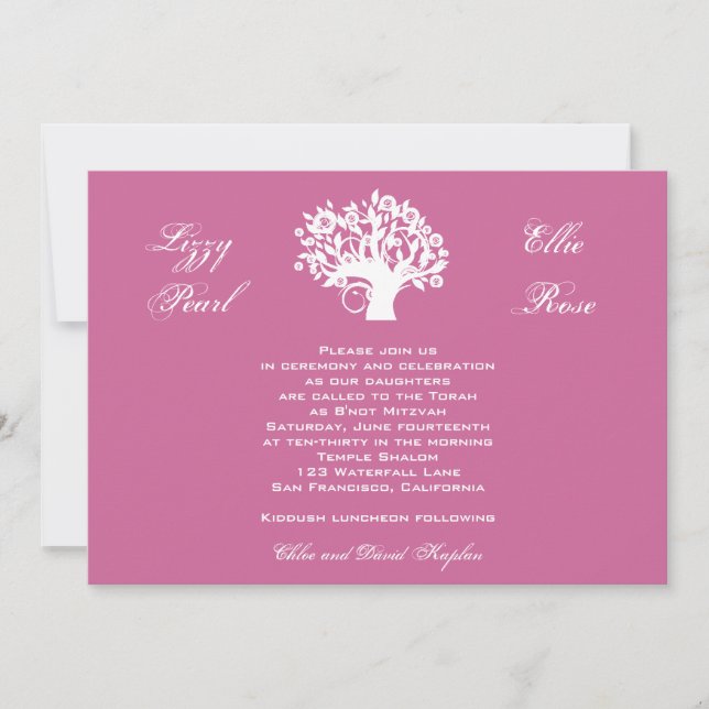 Invitation Bat Mitzvah Jumelles Sweet 16 Arbre (Devant)
