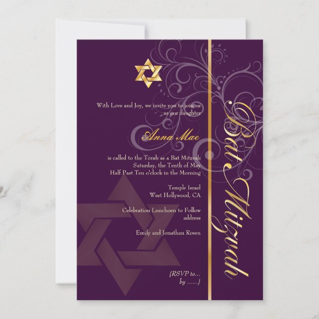 Invitation Bat mitzvah/lilas/prune/or/do-it-yourself couleur  (Devant)