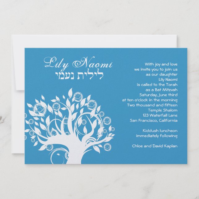 Invitation Bat mitzvah Lily Naomi Tree Blue (Devant)