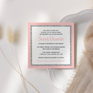 Invitation Bat mitzvah lumineux rose et Carré argenté