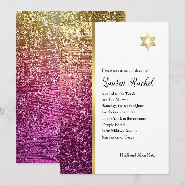 Invitation Bat mitzvah Magenta Pink et Gold Glittery (Devant / Derrière)
