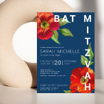 Invitation Bat mitzvah Marine Bleu Rouge Floral Aquarelle mod<br><div class="desc">Soyez fier, réjouissez-vous et présentez ce jalon de votre Bat mitzvah préféré avec cette invitation sophistiquée et personnalisée ! Une aquarelle chic, étonnante, rouge florale avec un style san serif moderne recouvre un arrière - plan bleu marine. Personnalisez le texte personnalisé avec le nom, la date et les informations de...</div>
