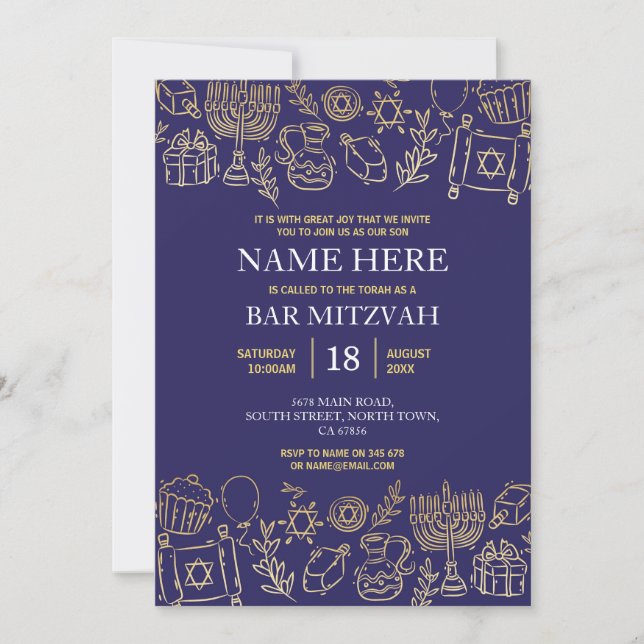 Invitation bat mitzvah Marine juive Star Blue Gold (Devant)