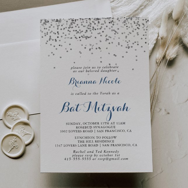 Invitation Bat mitzvah minimaliste Silver Confetti (Créateur téléchargé)