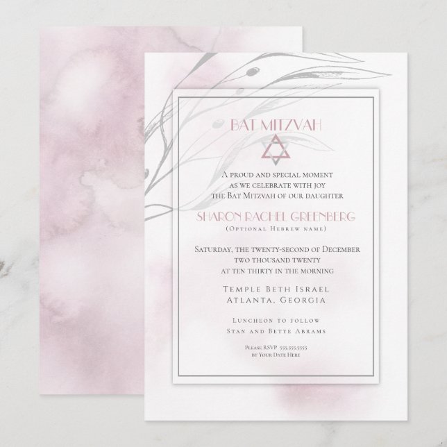 Invitation Bat mitzvah Moderne Aquarelle rose pâle (Devant / Derrière)