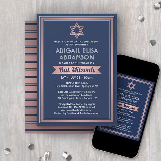 Invitation Bât Mitzvah Moderne Bleu Marine Rose Or Tendance (Créateur téléchargé)