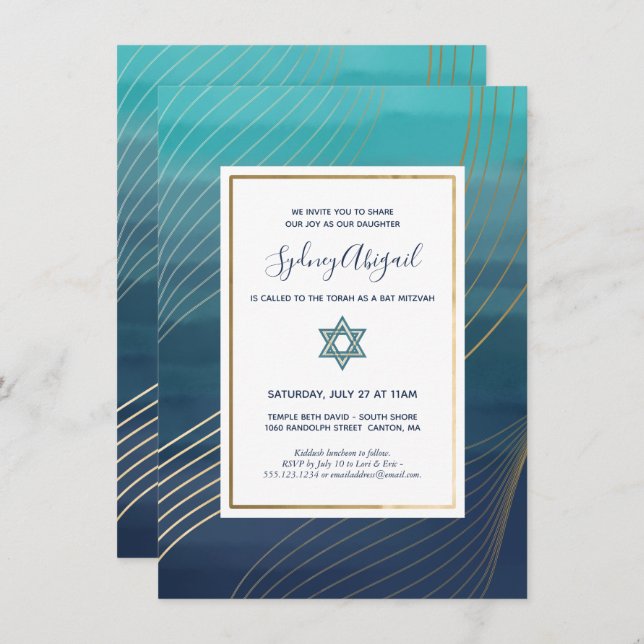 Invitation Bat mitzvah moderne Blue and Gold ou Bar Mitzvah (Devant / Derrière)