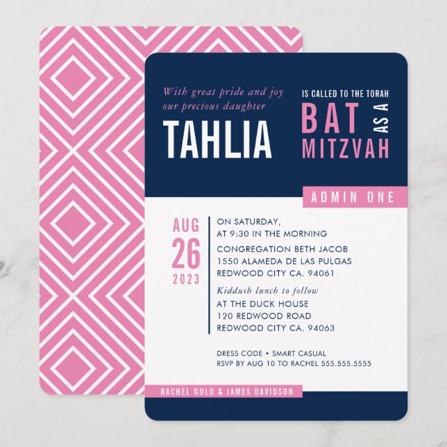 Invitation BAT MITZVAH MODERNE bold bloc marine rose blanc (Devant / Derrière)