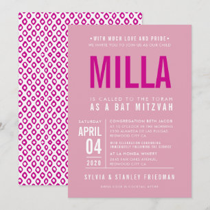 Invitation BAT MITZVAH moderne bold type bloc joli rose