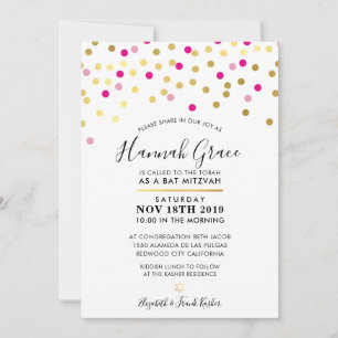 Invitation BAT MITZVAH moderne confetti tache doré rose
