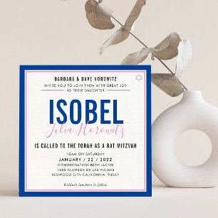 Invitation BAT MITZVAH moderne couleur minimaliste rose bleu