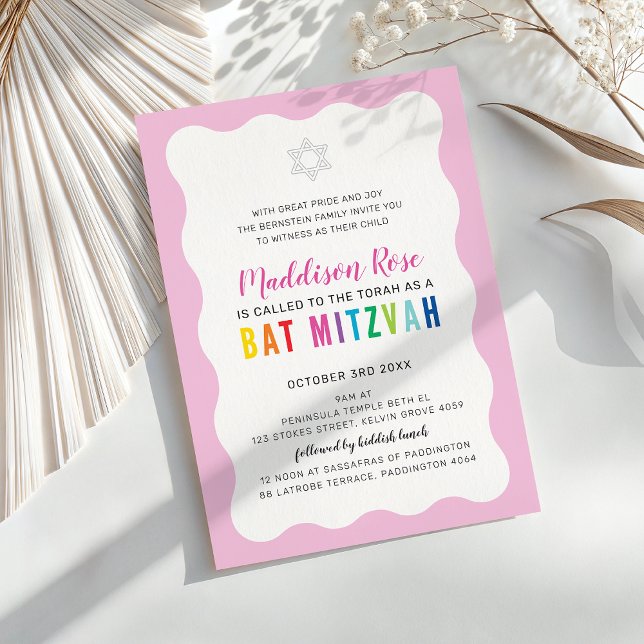Invitation BAT MITZVAH MODERNE couleurs arc-en-ciel ondulé ro (Créateur téléchargé)