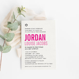 Invitation BAT MITZVAH moderne couleurs vives noms rose