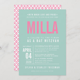 Invitation BAT MITZVAH moderne de type bloc rose menthe paste