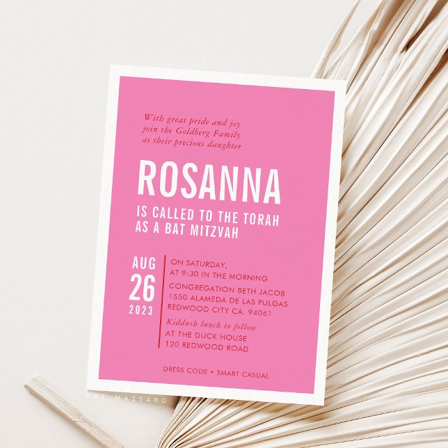 Invitation BAT MITZVAH moderne design minimal rouge rose (Créateur téléchargé)