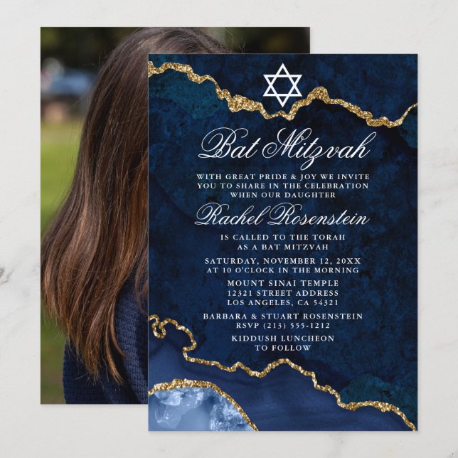 Invitation Bat mitzvah moderne Elegant Bleu Marbre Or Photo (Devant / Derrière)